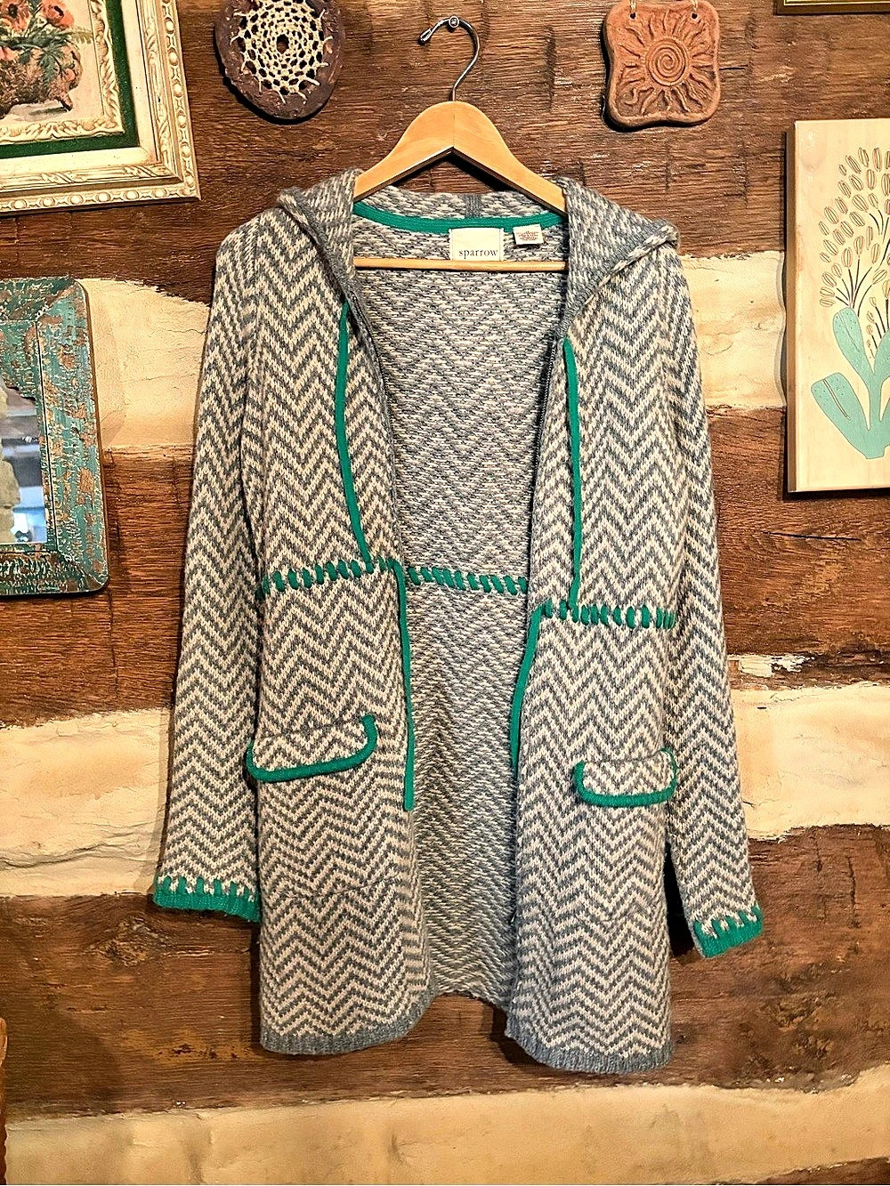 Sparrow Women's Hooded Wool Cardigan in Gray & Green